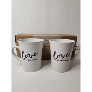 NIB Set of 2 White "Love Is Brewing" Porcelain Coffee Mugs Bed Bath Beyond NEW!